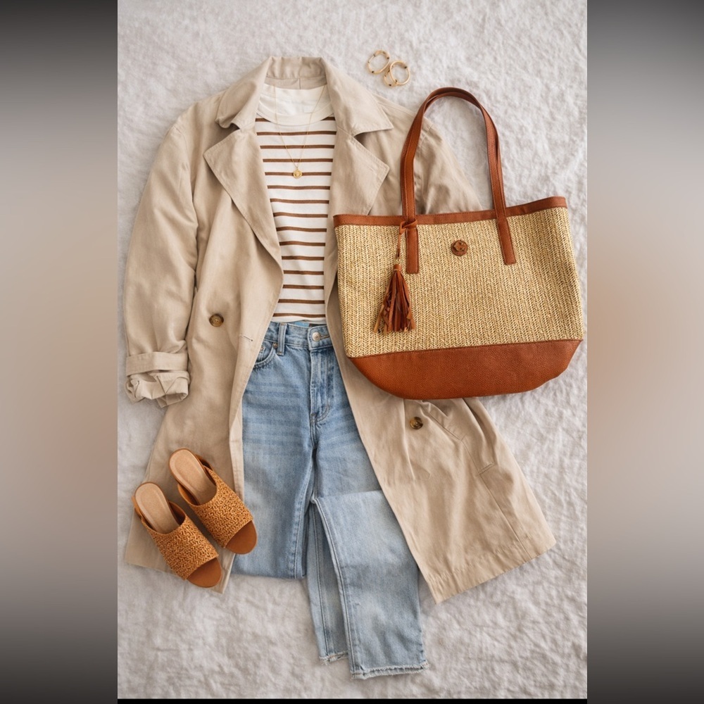 Woven Straw Tote with Tan Trim and Tassel